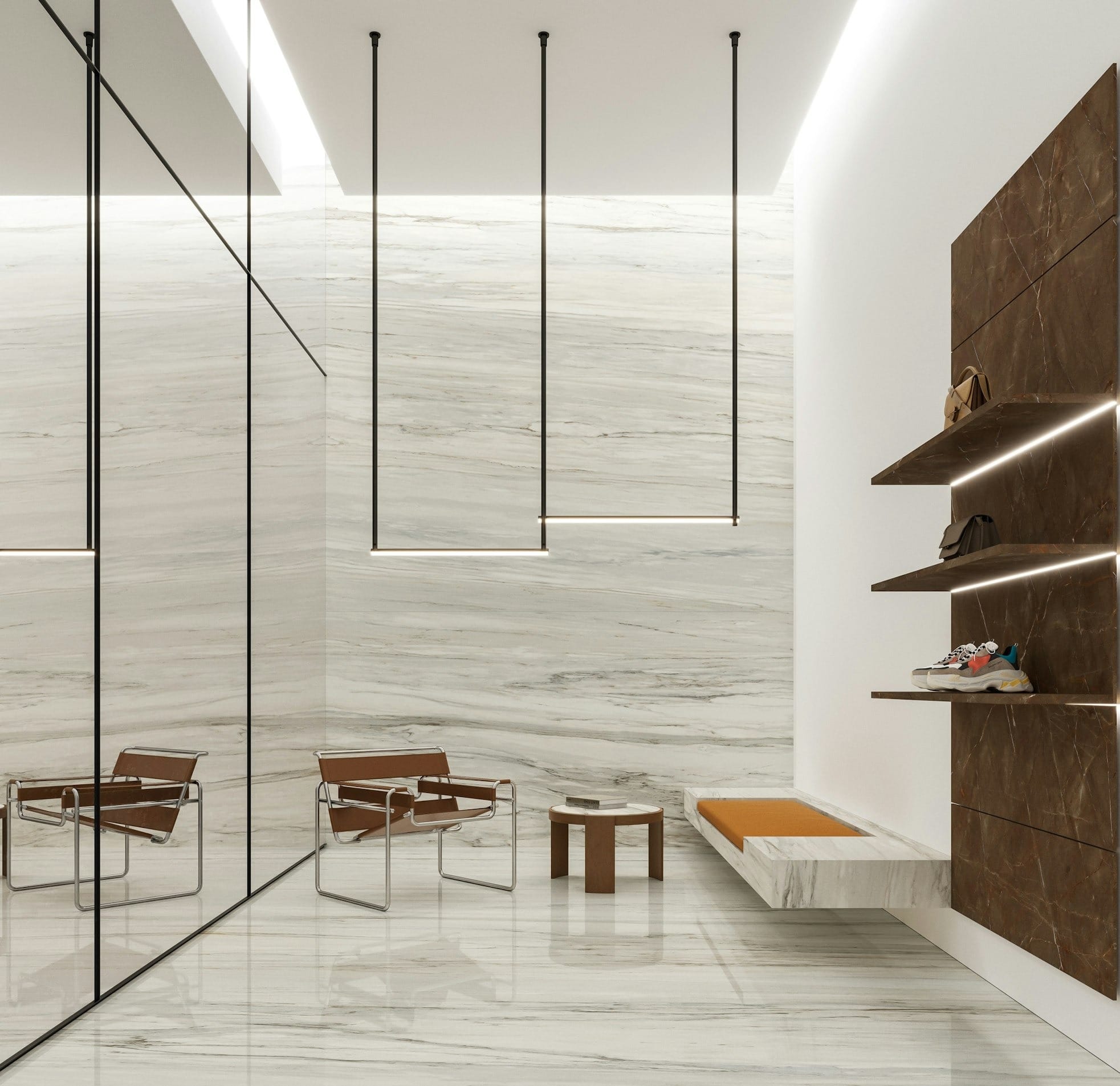 a room with a marble floor and a white wall